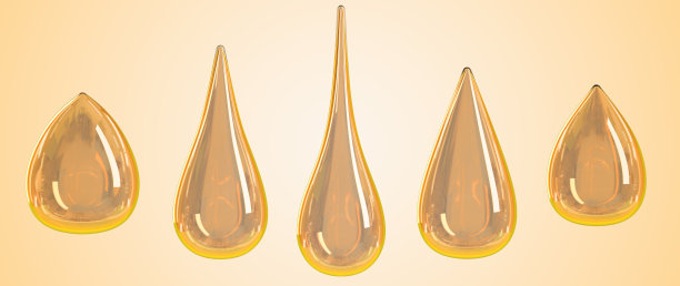 金滴油，血清滴或蜂蜜隔离在米色背景图标设置3d渲染。泡沫胶原蛋白精华，模拟液体黄色滴有机化妆品或食用油图片下载