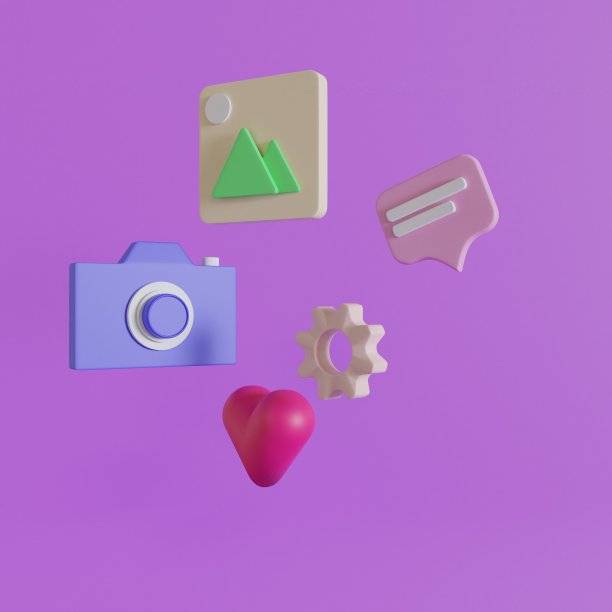 3d图标相机，心，设置，照片，聊天，在紫色背景上渲染插图。图片下载
