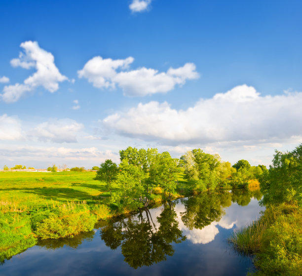 多云的天空下，平静的小河与海岸上的森林，夏日的乡村风景图片下载