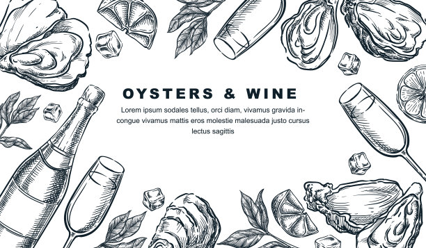 牡蛎和葡萄酒或香槟品尝横幅，海报，派对传单。矢量素描插图的瓶子，眼镜，牡蛎图片下载