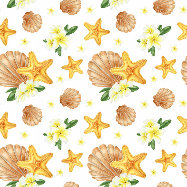 热带鸡蛋花、贝壳、黄色海星。白色背景上的水彩无缝图案。适合夏季卡片制作、包装纸、墙纸、面料、明信片设计图片下载