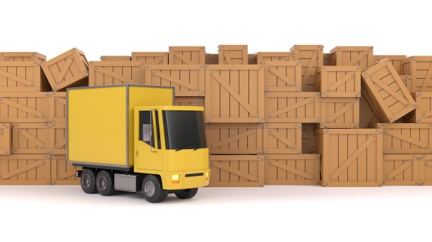 箱子卡车停在堆放的板条箱前面图片下载