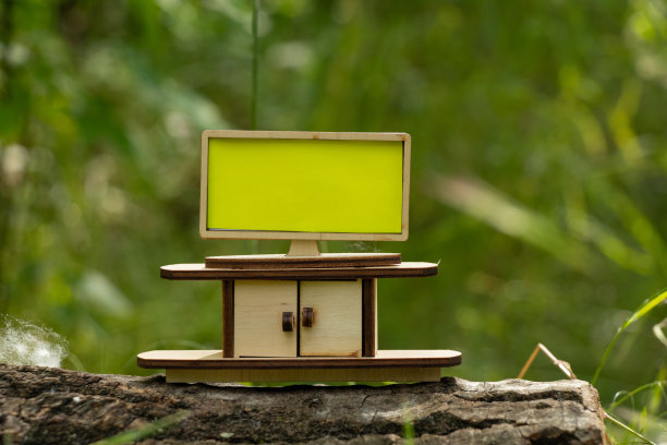 一台电视和一个儿童木制的小床头柜矗立在阳光下的森林里，空出一个地方用来写文字图片下载