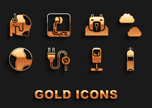 集节电插头在叶子，云，瓶装水，垃圾桶，地球，北极熊头，全球变暖和废水图标。向量图片下载