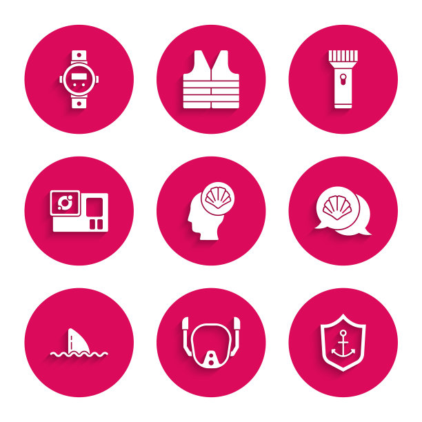 集扇贝海壳，潜水面罩，锚内盾，鱼翅海浪，动作相机，手电筒和手表图标。向量图片下载