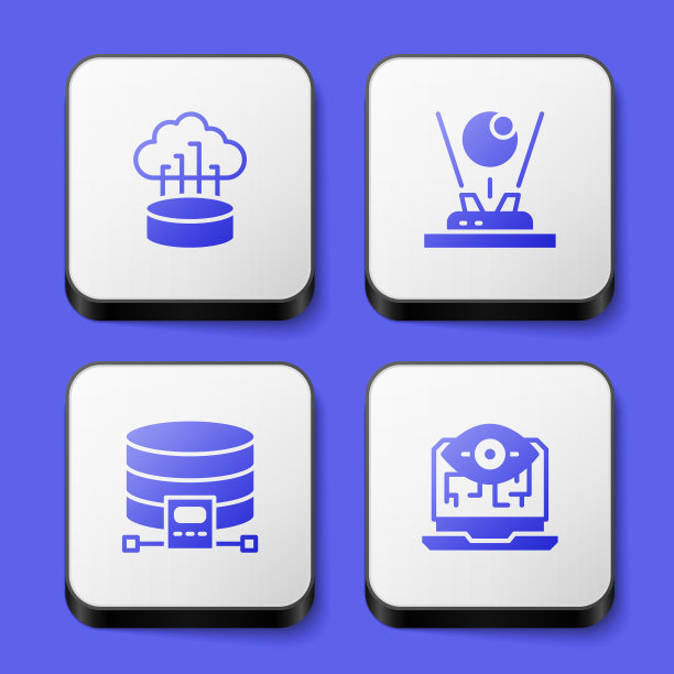 设置网络云连接，全息图，云数据库和计算机视觉图标。白色方形按钮。向量图片下载