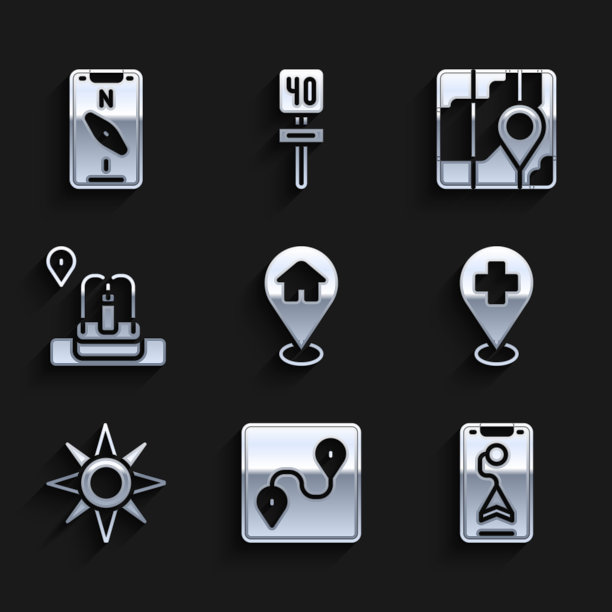 设置位置与房子，路线位置，城市地图导航，医疗十字，风玫瑰，喷泉和指南针移动图标。向量图片下载