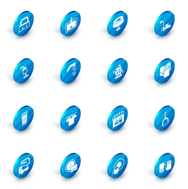 设置洗手盆，桌布上的污渍，割草机，吸尘器，满垃圾桶，淋浴头，清洁服务和花瓶图标。向量图片下载