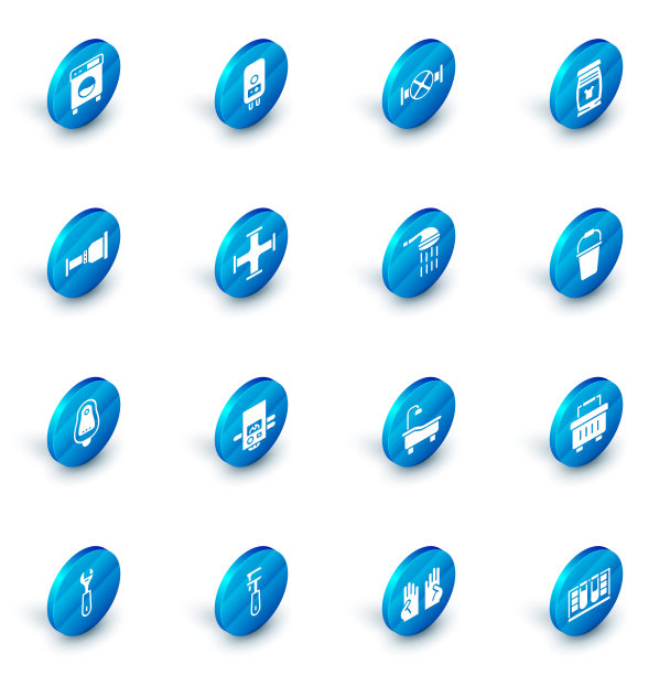 集电锅炉，工业管道和阀门，洗衣粉，管道适配器，厕所小便器或pissoir，金属，桶和淋浴图标。向量图片下载