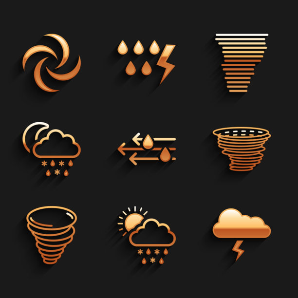 集风和雨，云与雪，雨，太阳，风暴，龙卷风，月亮和图标。向量图片下载