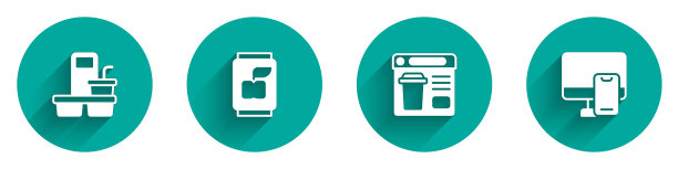 设置咖啡杯带走，汽水罐，在线订购食品和长阴影图标。向量图片下载