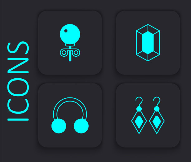 集耳环，耳钉，宝石石和穿刺图标。黑色方形按钮。向量图片下载