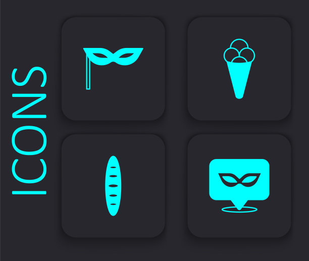 集嘉年华面具、华夫饼冰淇淋和法式长棍面包icon。黑色方形按钮。向量图片下载