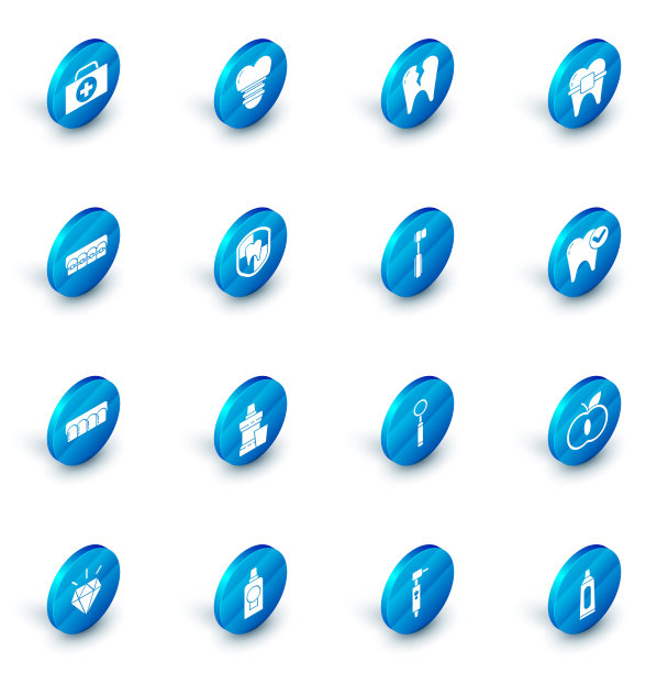 集种植牙，破碎的牙齿，牙套，假牙模型，保护，牙齿美白概念和牙刷图标。向量图片下载