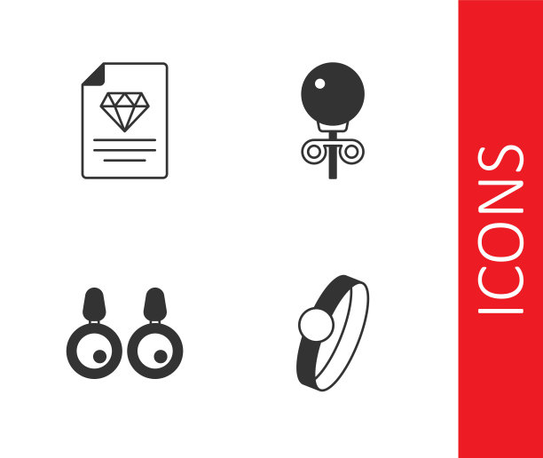 集钻石订婚戒指，证书的钻石，耳环和耳钉耳环图标。向量图片下载