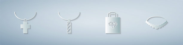 集基督教十字架链，吊坠项链，购物袋珠宝和珍珠。纸艺风格。向量图片下载