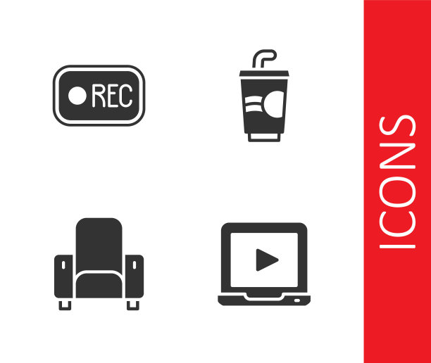 设置在线播放视频，录制按钮，电影院椅子和带水图标的纸玻璃。向量图片下载