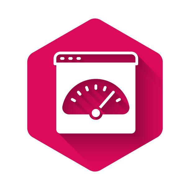 白色数字速度表图标孤立的长阴影背景。全球网络高速连接数据速率技术。粉红色六边形按钮。向量图片下载