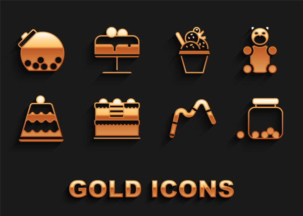 集蛋糕，果冻熊糖果，玻璃罐内的糖果，蠕虫，冰淇淋碗，并在盘子图标。向量图片下载