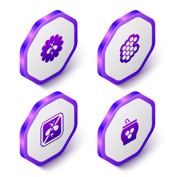 设置等距蜜蜂在花，蜂窝，停止蜜蜂和罐的蜂蜜和斗棒图标。紫色六边形按钮。向量图片下载