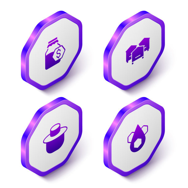 集等距销售在蜂蜜罐，蜂箱为蜜蜂，养蜂人与保护帽和蜂巢图标。紫色六边形按钮。向量图片下载