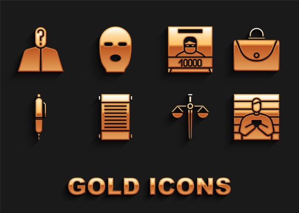 集法令，纸，羊皮纸，卷轴，公文包，犯罪嫌疑人，尺度的正义，笔，通缉海报，匿名问号和小偷面具图标。向量图片下载