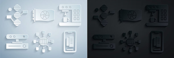 集社交网络，咖啡机，运动传感器，智能手机，手机，视频图形卡和DNA符号图标。向量图片下载