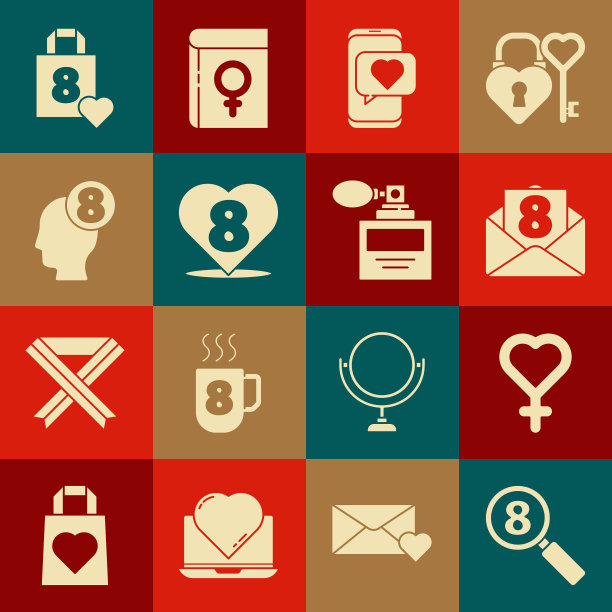 设置搜索3月8日，女性性别符号，信封，在线约会应用程序和聊天，心脏，人的头，购物袋心脏和香水图标。向量图片下载