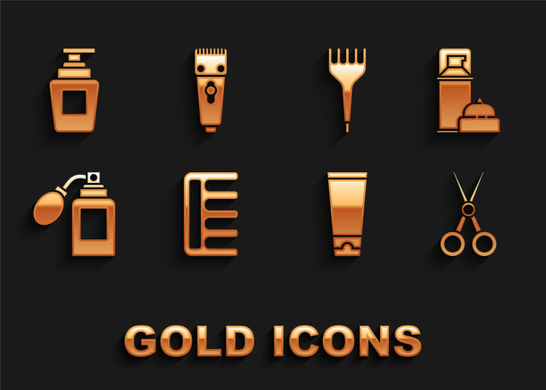 套装发刷，剃须啫喱泡沫，剪刀发型器，面霜乳液化妆管，须后水瓶与雾化器，瓶洗发水和电动剪剃须刀图标。向量图片下载