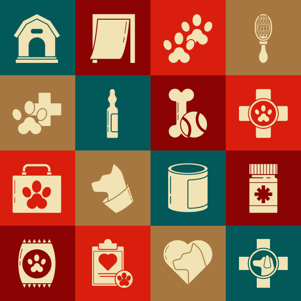 集兽医诊所标志，狗药瓶和药丸，爪印，宠物小瓶医疗，房子和玩具骨橡胶球图标。向量图片下载