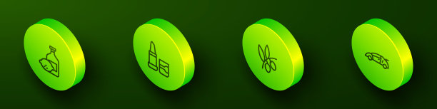 设定等距线柠檬酒瓶，口红，橄榄枝和运动赛车图标。向量图片下载