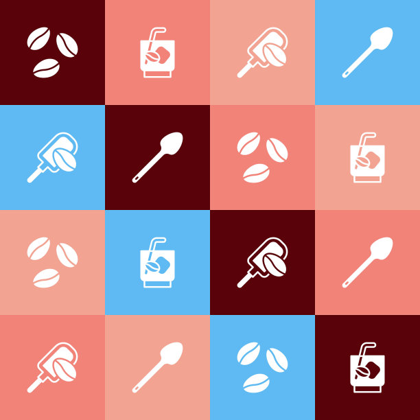 设置波普艺术咖啡豆，浓缩汤力咖啡，刮刀与谷物和茶匙图标。向量图片下载