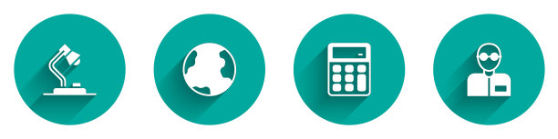 设置台灯，地球，计算器和教师图标长阴影。向量图片下载