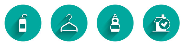 设置抗菌皂，衣架衣柜，洗洁精瓶和家庭清洁服务图标长阴影。向量图片下载