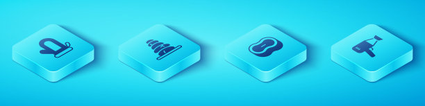 设置等距桑拿手套，堆热石，吹风机和肥皂条的图标。向量图片下载