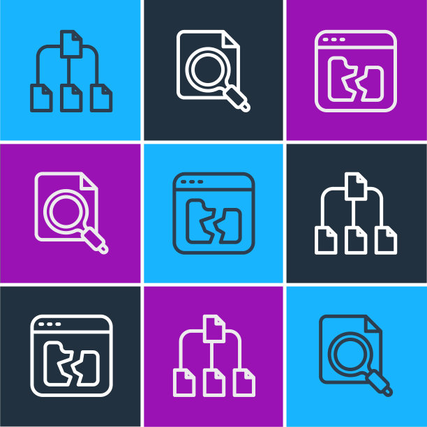 设置行文件夹树，破碎的文件和搜索概念与文件夹图标。向量图片下载