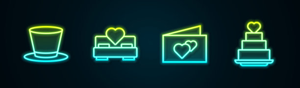 套装线圆柱帽，卧室，贺卡和婚礼蛋糕与心。发光的霓虹灯图标。向量图片下载