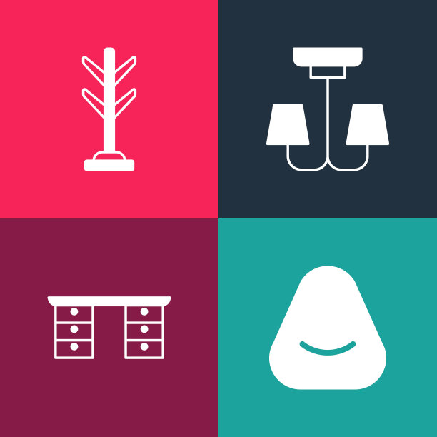 设置波普艺术Pouf，办公桌，吊灯和大衣架图标。向量图片下载