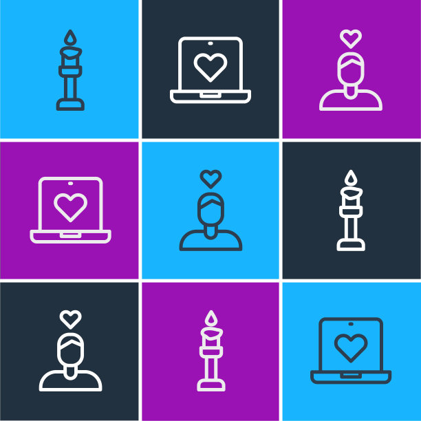 设置线燃烧的蜡烛，情侣爱情和约会应用程序的在线图标。向量图片下载