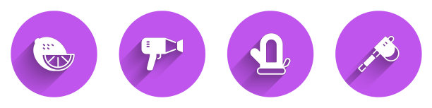 集柠檬，吹风机，桑拿手套和长阴影木斧图标。向量图片下载