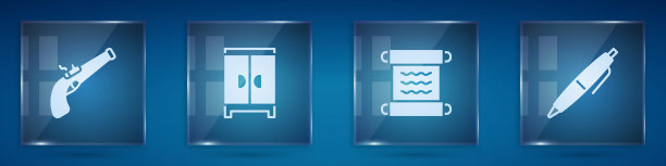 集复古手枪，衣柜，纸莎草卷轴和笔。方形玻璃板。向量图片下载