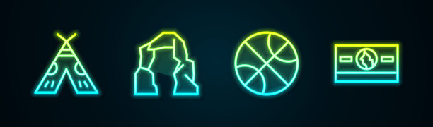 设置线印第安帐篷或棚屋，大峡谷，篮球和堆栈纸币现金。发光的霓虹灯图标。向量图片下载