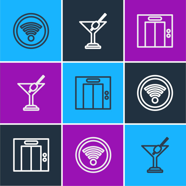 设置线路Wi-Fi无线，电梯和马提尼玻璃图标。向量图片下载
