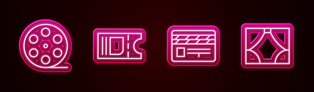 配套电影卷轴、电影票、拍子、幕布。发光的霓虹灯图标。向量图片下载