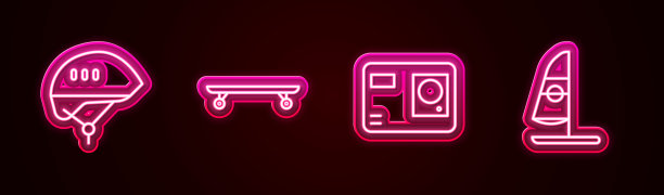 固定线自行车头盔，长板或滑板，动作极限相机和风帆冲浪。发光的霓虹灯图标。向量图片下载