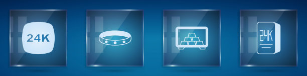 设置金条24k，戒指，安全与黄金和。方形玻璃板。向量图片下载