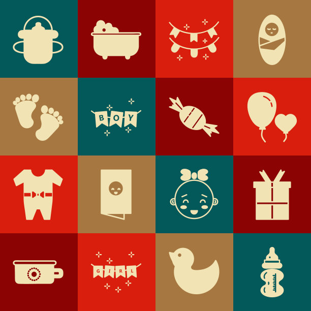 集奶瓶，礼品盒，气球在心脏的形式，嘉年华花环与旗帜，脚印，和糖果图标。向量图片下载