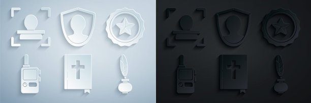 圣经、警徽、对讲机、羽毛和墨水瓶、用户保护和面部识别图标。矢量图图片下载