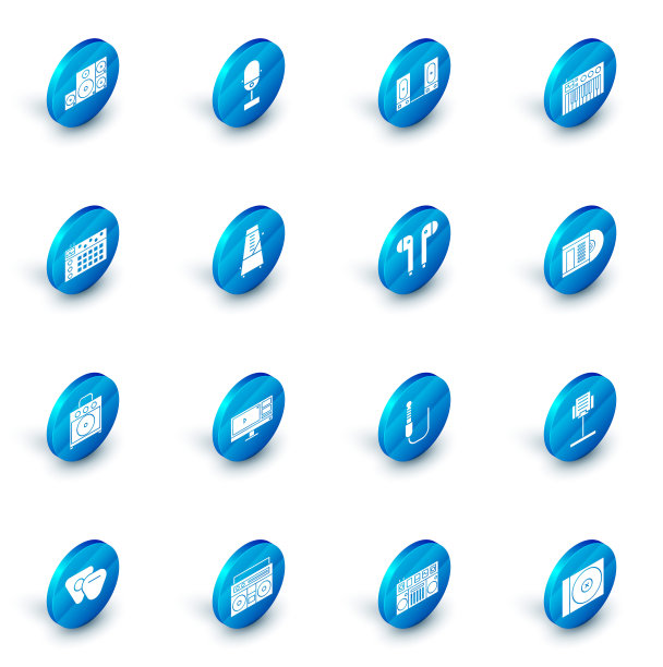 设置麦克风，立体声扬声器，音乐合成器，鼓机，吉他放大器，节拍器与钟摆运动，乙烯基磁盘和空气耳机图标。向量图片下载