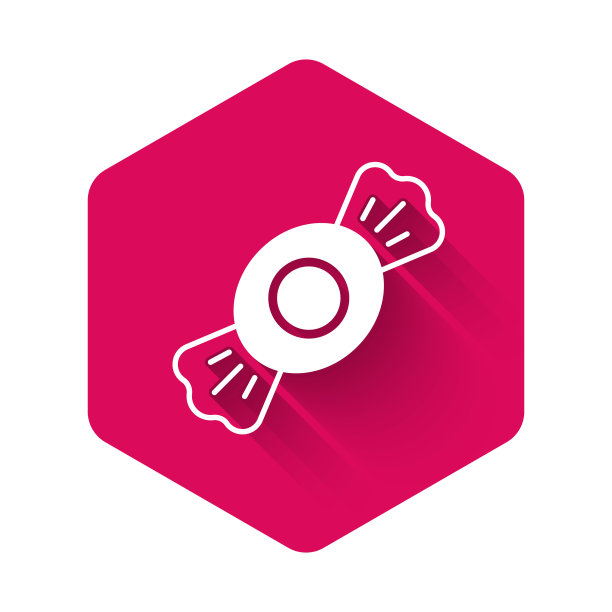 白色糖果图标孤立的长阴影背景。粉红色六边形按钮。向量图片下载